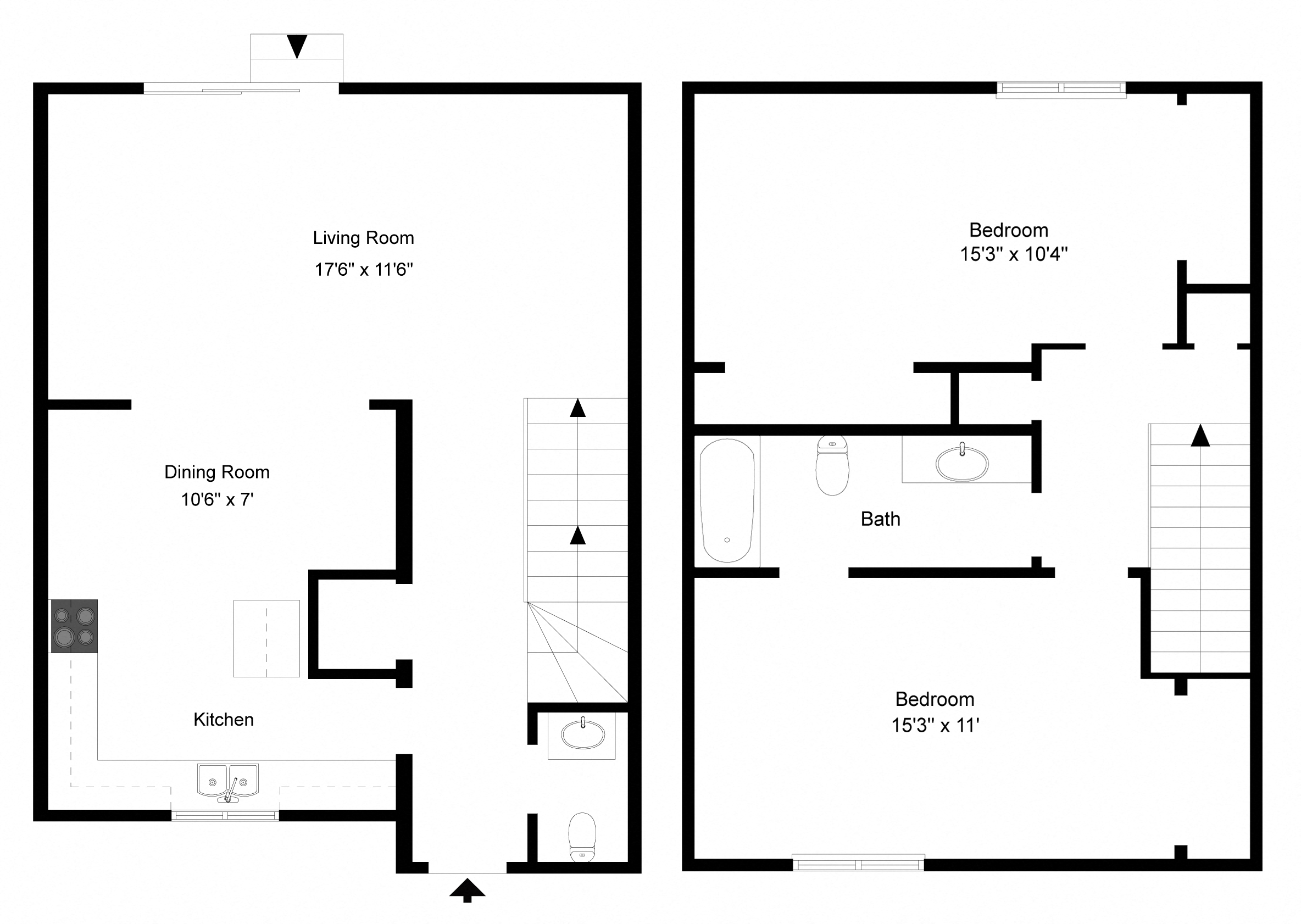 Floor plan for 2 beds, 1.5 baths, 1050 sqft